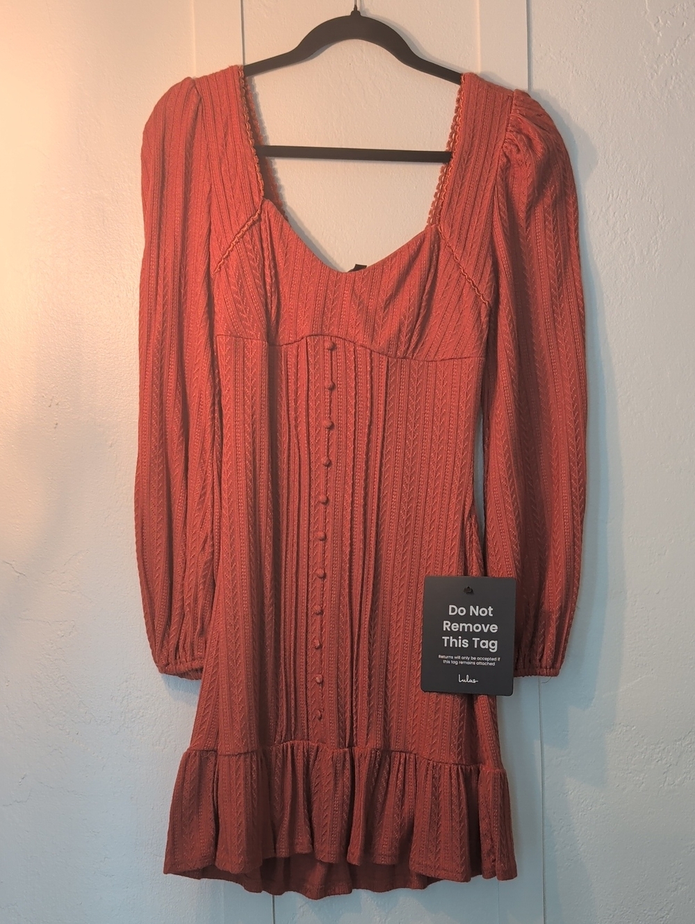 Lulu's Burnt Orange Button-Front Long-Sleeve Mini Dress SMALL